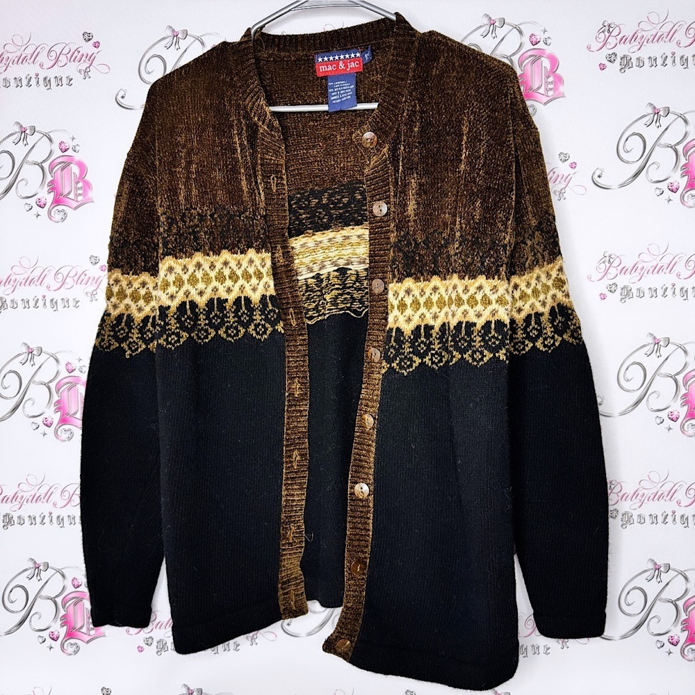 Mac & jac sweater Brown and Gold Knit Cardigan soft furry button up vintage